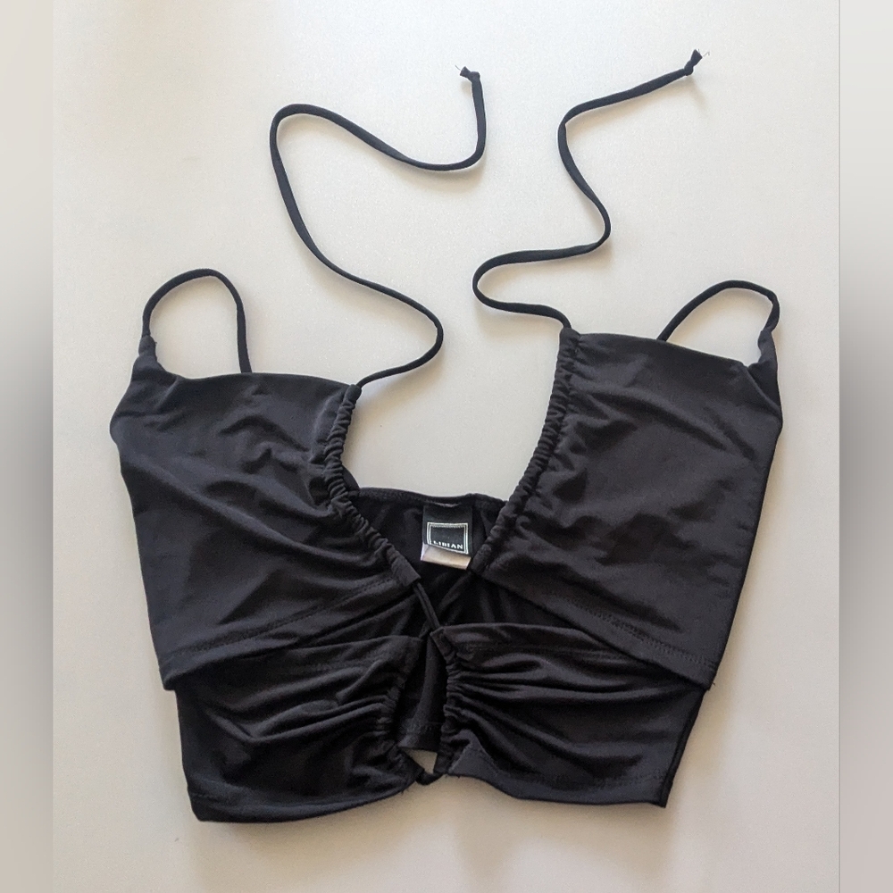 LIBIAN Women's Black Cropped Ruched Front Neck Tie Tank Top Size Small